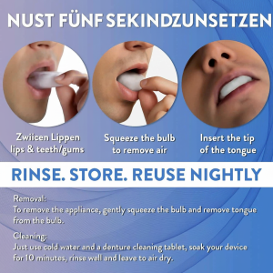 A tongue retention mouthpiece and its instructions for use are shown. It's a quick snoring solution.
